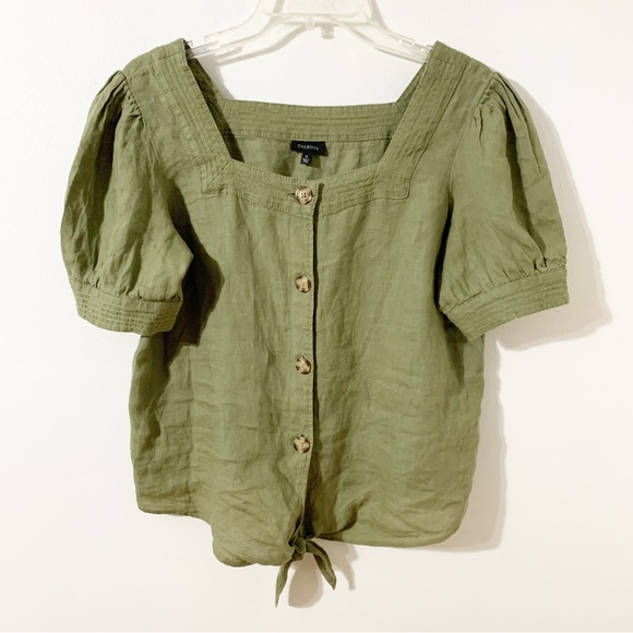 Talbots 100% Linen Square Neck Button Front Short Puff Sleeve Blouse Olive Green - Picture 1 of 10